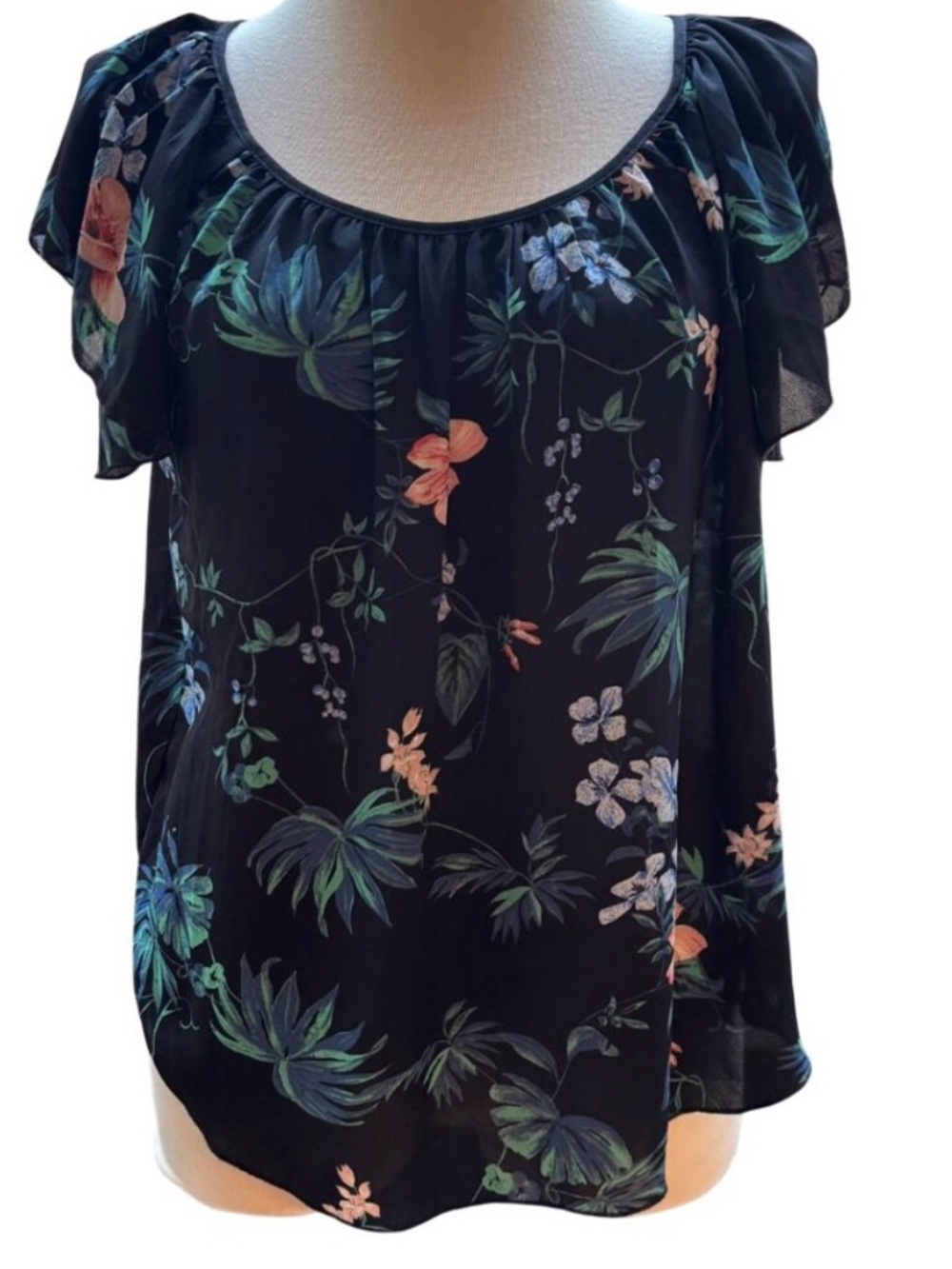 Philosophy Black Floral Blouse Petite Small – Flutter Sleeve Sheer Spring Top PS